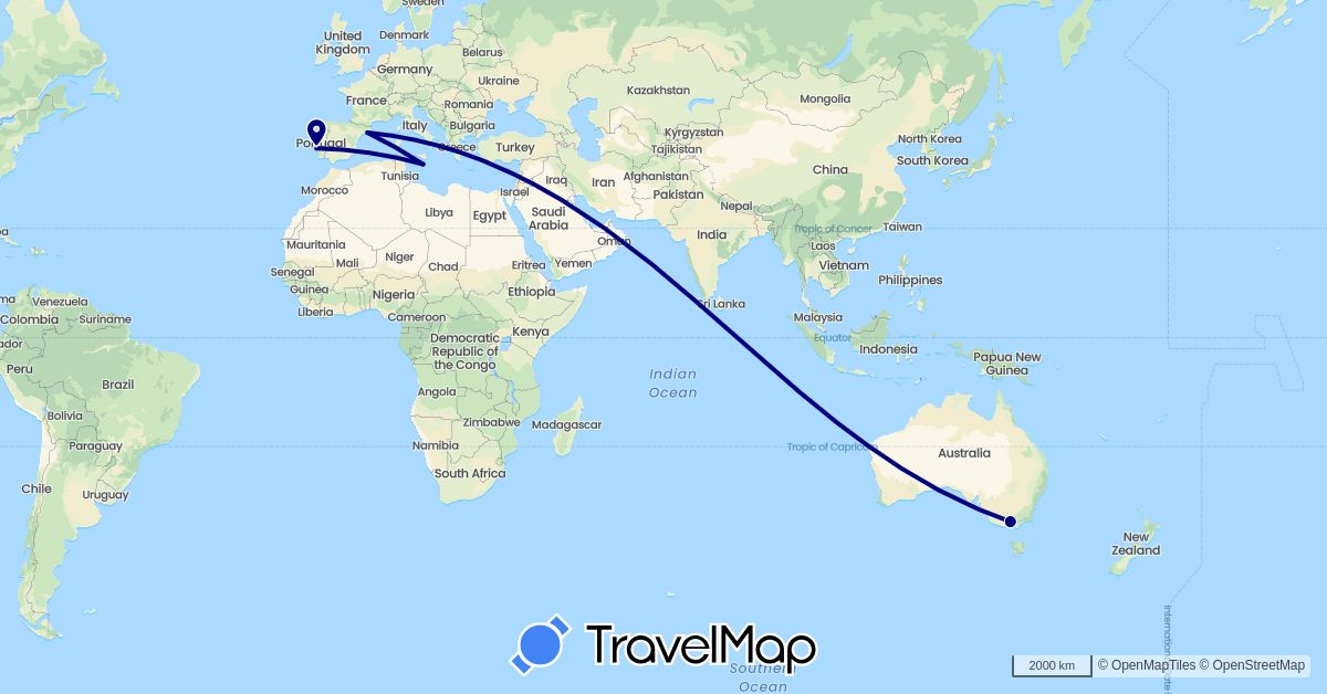 TravelMap itinerary: driving in Australia, Spain, Malta, Portugal (Europe, Oceania)